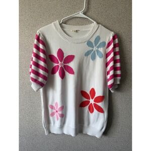 Jodifl Knit Top‎ Striped Sleeve Floral Applique Short Sleeve Medium